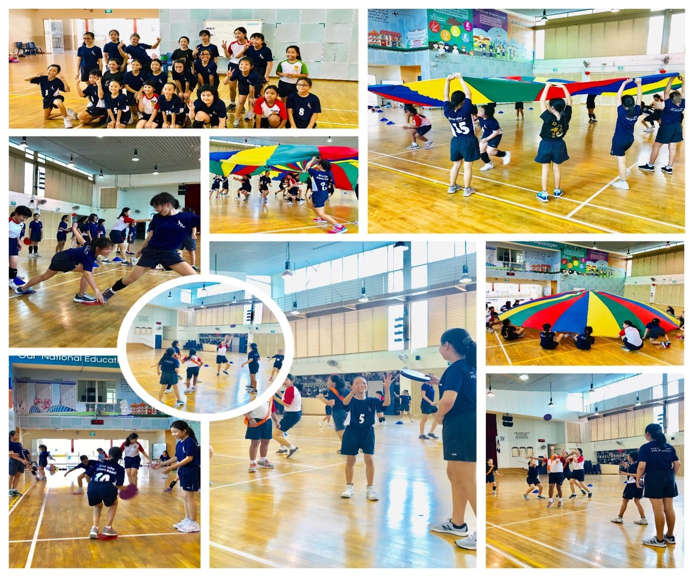 Students in navy uniforms play gym games indoors, including a colorful parachute activity and group sports on a wooden court.